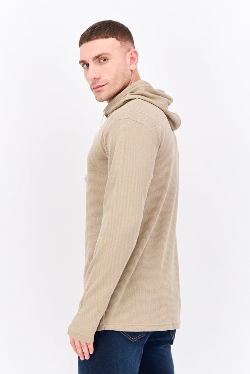 Fleece Factory سويت شيرت رجالي بغطاء رأس وأكمام طويلة بتصميم محكم، بيج - Image 2