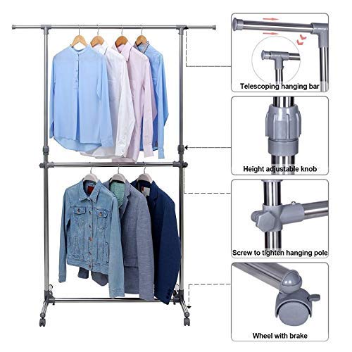 LOCOMOTO LOCOMOTO Stainless Steel Double Pole Rail Telescopic Movable Portable Adjustable Clothes Garment Hanging Rack Stand with Wheels  - Image 3