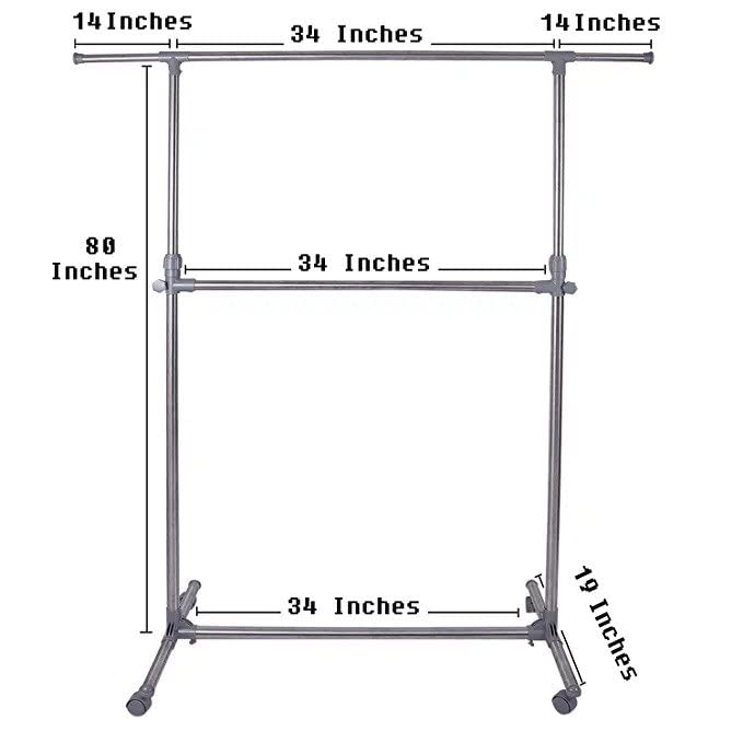 LOCOMOTO LOCOMOTO Stainless Steel Double Pole Rail Telescopic Movable Portable Adjustable Clothes Garment Hanging Rack Stand with Wheels  - Image 4