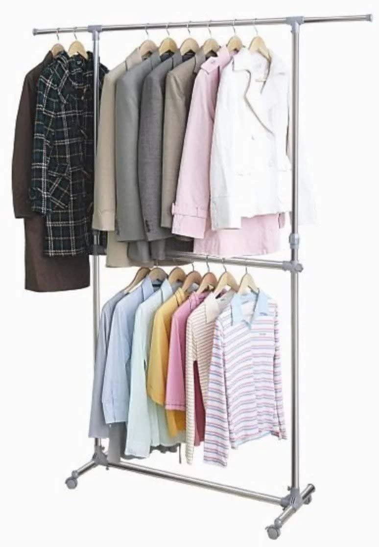 LOCOMOTO LOCOMOTO Stainless Steel Double Pole Rail Telescopic Movable Portable Adjustable Clothes Garment Hanging Rack Stand with Wheels  - Image 2