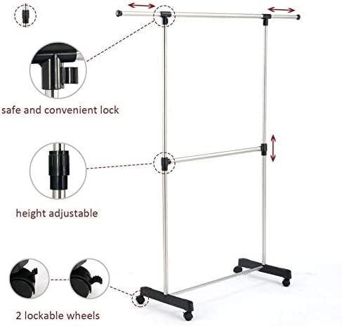 LOCOMOTO LOCOMOTO Stainless Steel Double Pole Rail Telescopic Movable Portable Adjustable Clothes Garment Hanging Rack Stand with Wheels  - Image 5