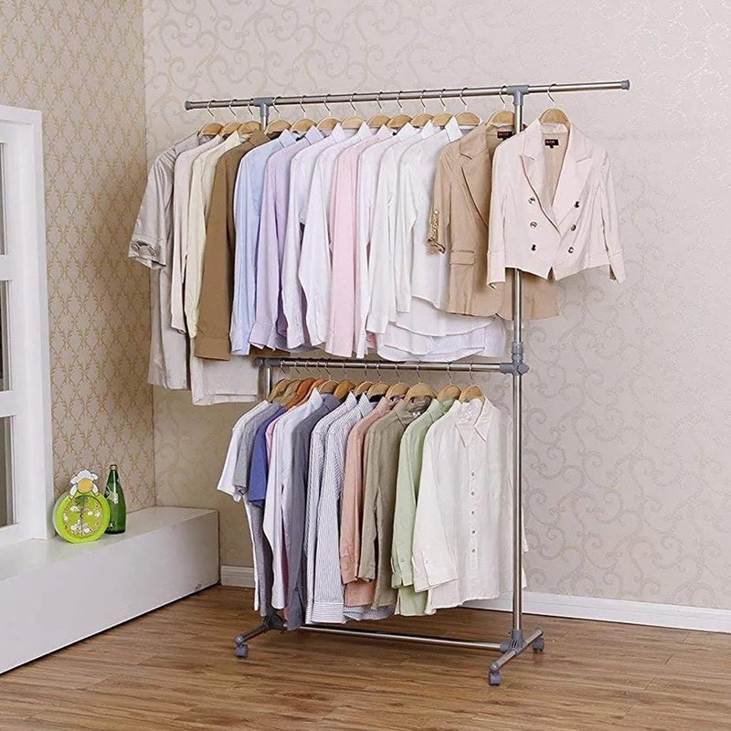 LOCOMOTO LOCOMOTO Stainless Steel Double Pole Rail Telescopic Movable Portable Adjustable Clothes Garment Hanging Rack Stand with Wheels  - Image 1