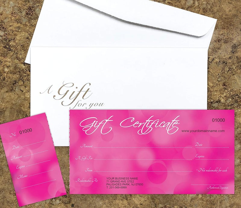 IMPACTONLINEPRINTING Custom Gift Certificates For Business - Add Your Store Name and Address, Comes with Free matching Envelopes and Sequential Numbering Printing (Pink) - Image 1