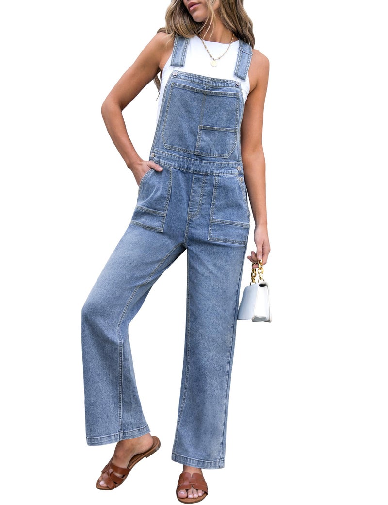 luvamia Loose Denim Overalls for Women Straight Wide Leg Baggy Stretchy Denim Bib Adjustable Strap Casual Overall Loose Fit Womens Jumpsuit Bay Blue Size Large US Size 12-14 - Image 1