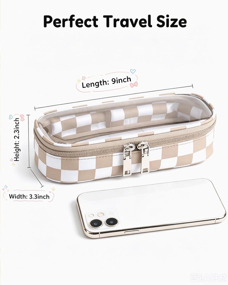 LETGO Preppy Checkered Clear Travel Makeup Brush Holder,Khaki and Beige Checkered Makeup Brush Toiletry Bag, Portable Cosmetic Brush Case,Transparent Waterproof Makeup Brush Storage Bag - Image 2