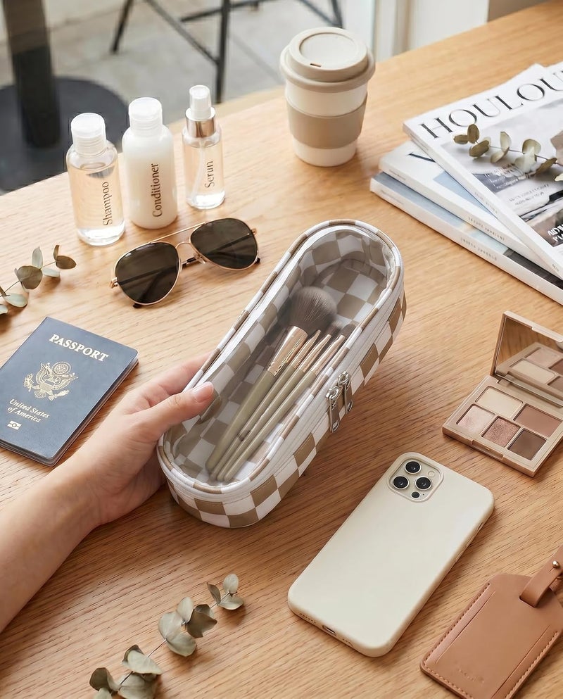 LETGO Preppy Checkered Clear Travel Makeup Brush Holder,Khaki and Beige Checkered Makeup Brush Toiletry Bag, Portable Cosmetic Brush Case,Transparent Waterproof Makeup Brush Storage Bag - Image 3