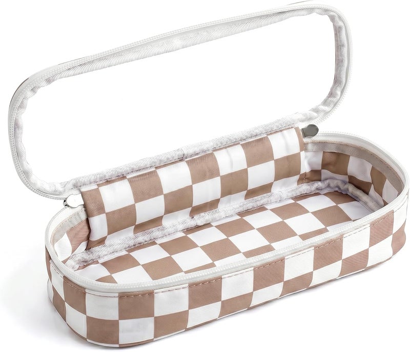 LETGO Preppy Checkered Clear Travel Makeup Brush Holder,Khaki and Beige Checkered Makeup Brush Toiletry Bag, Portable Cosmetic Brush Case,Transparent Waterproof Makeup Brush Storage Bag - Image 1