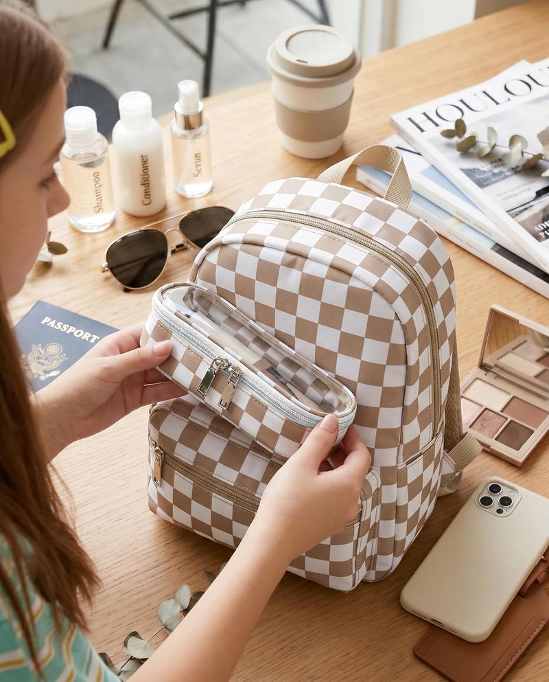 LETGO Preppy Checkered Clear Travel Makeup Brush Holder,Khaki and Beige Checkered Makeup Brush Toiletry Bag, Portable Cosmetic Brush Case,Transparent Waterproof Makeup Brush Storage Bag - Image 4