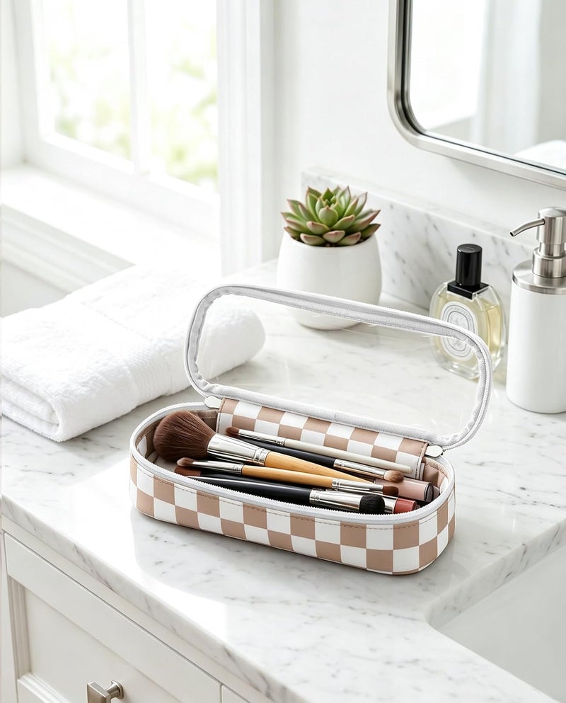 LETGO Preppy Checkered Clear Travel Makeup Brush Holder,Khaki and Beige Checkered Makeup Brush Toiletry Bag, Portable Cosmetic Brush Case,Transparent Waterproof Makeup Brush Storage Bag - Image 5