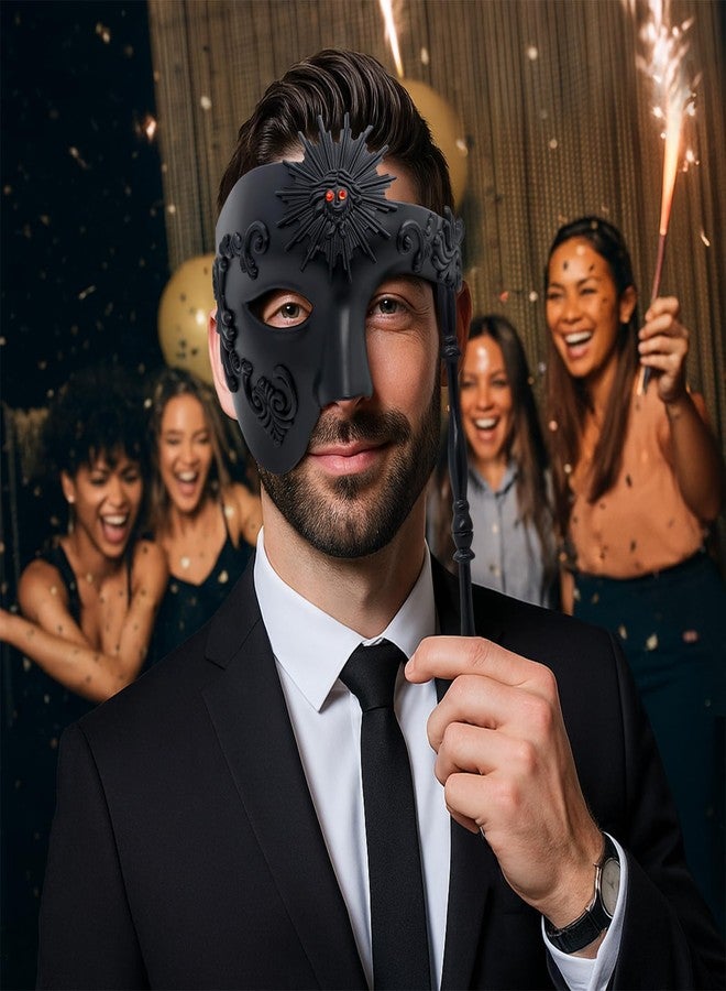 ثميو قناع تنكري رجالي من ثيميو، بتصميم كلاسيكي مستوحى من شبح الأوبرا، مع عصا للحمل، مناسب لحفلات الكرنفال الفينيسية. - Image 3