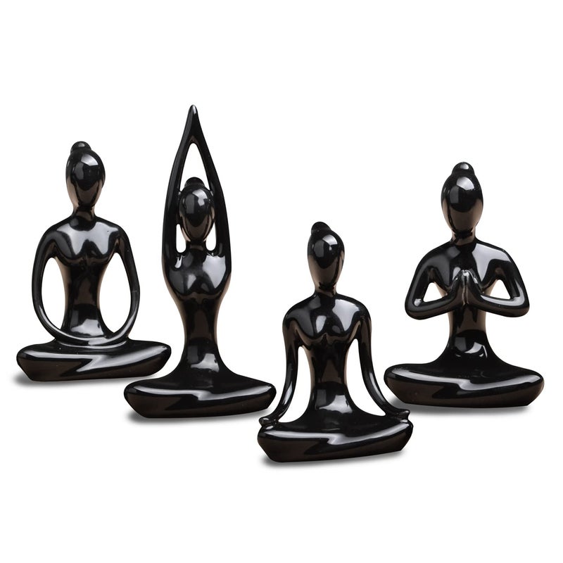 OwMell Lot of 4 Meditation Yoga Pose Statue Figurine Ceramic Yoga Figure Set Decor - Black - Image 1
