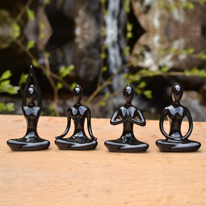 OwMell Lot of 4 Meditation Yoga Pose Statue Figurine Ceramic Yoga Figure Set Decor - Black - Image 3