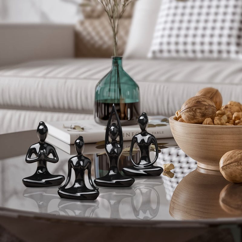 OwMell Lot of 4 Meditation Yoga Pose Statue Figurine Ceramic Yoga Figure Set Decor - Black - Image 4