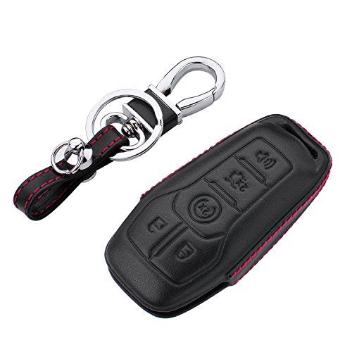 RoyalFox Genuine 5 buttons Leather Key Fob case Cover For Ford Mustang Explorer Taurus F150Lincoln MKZ MKC MKX smart key Car Remote Key Pouch Bag With Key Rings Kit Keychain Holder Metal Hook Black