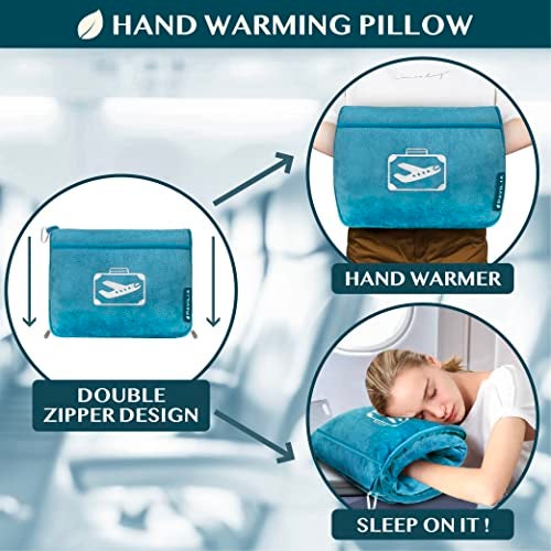 PAVILIA Travel Blanket Pillow in Soft Bag with Pockets, Airplane Blanket Set, Plane Blanket Compact Packable, Flight Essentials Car Pillow, Travelers Accessories Gifts, Luggage Strap, Turquoise - Image 5