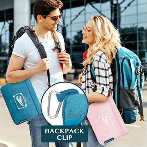 PAVILIA Travel Blanket Pillow in Soft Bag with Pockets, Airplane Blanket Set, Plane Blanket Compact Packable, Flight Essentials Car Pillow, Travelers Accessories Gifts, Luggage Strap, Turquoise - Image 4