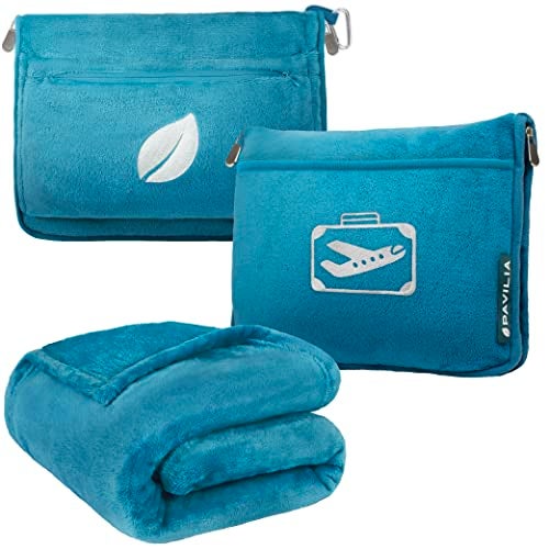 PAVILIA Travel Blanket Pillow in Soft Bag with Pockets, Airplane Blanket Set, Plane Blanket Compact Packable, Flight Essentials Car Pillow, Travelers Accessories Gifts, Luggage Strap, Turquoise - Image 1
