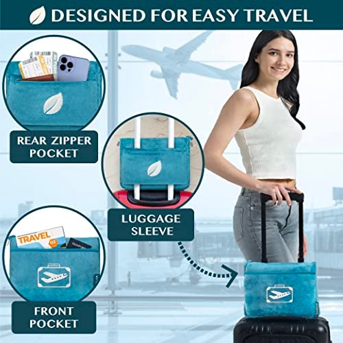 PAVILIA Travel Blanket Pillow in Soft Bag with Pockets, Airplane Blanket Set, Plane Blanket Compact Packable, Flight Essentials Car Pillow, Travelers Accessories Gifts, Luggage Strap, Turquoise - Image 3