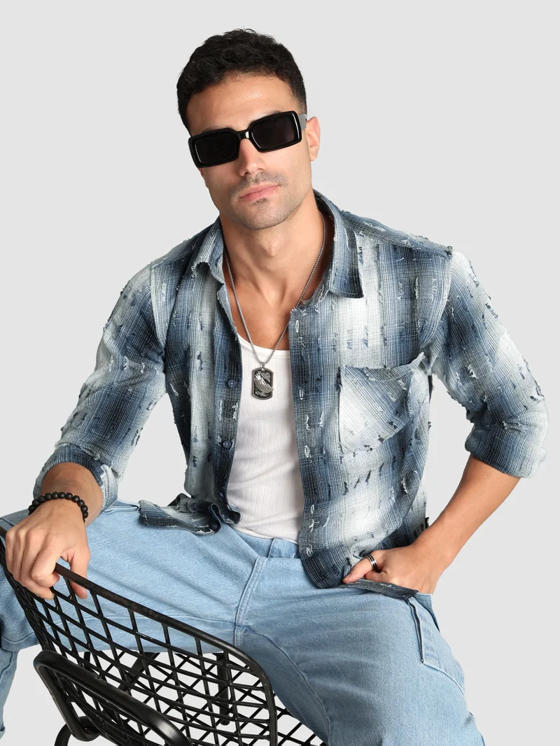 Beyoung Blue Frayed Check Shirt