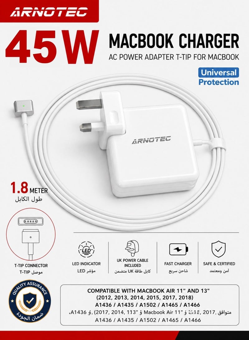 ARNOTEC شاحن MagSafe 2 45 وات محول طاقة بديل لجهاز MacBook Air قابس المملكة المتحدة 14.85 فولت 3.05 أمبير - Image 1