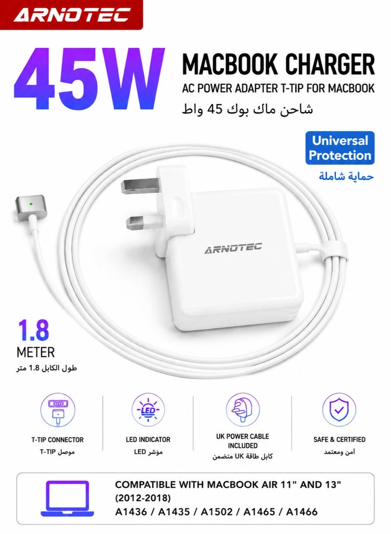 ARNOTEC 45W MacBook Air Charger UK Plug â€“ MagSafe 2 T-Tip Power Adapter with 1.8m Cable for MacBook Air 11â€ & 13â€ (Mid 2012â€“2017) â€“ Models A1435 A1436 A1465 A1466 - Image 1