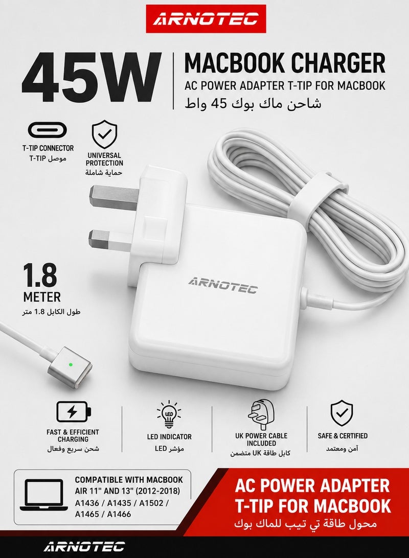 ARNOTEC شاحن MagSafe 2 45 وات محول طاقة بديل لجهاز MacBook Air قابس المملكة المتحدة 14.85 فولت 3.05 أمبير - Image 1