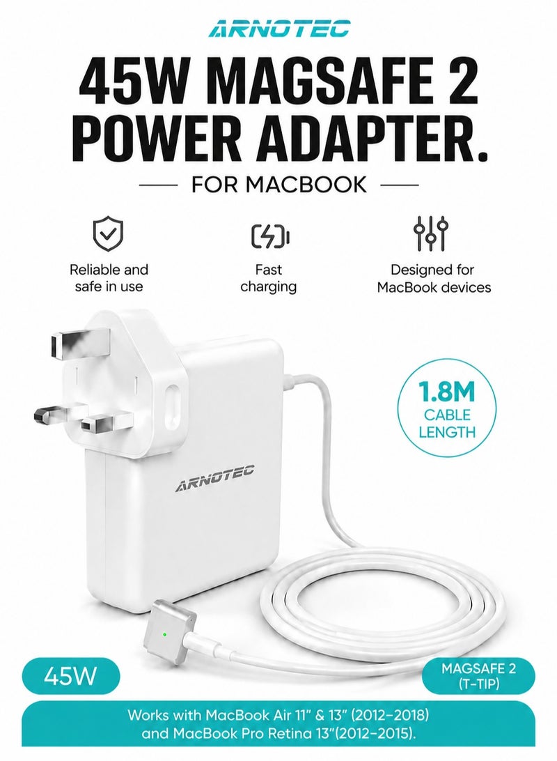 ARNOTEC 45W MagSafe 2 T-Tip Power Adapter for MacBook Air 11 and 13 Inch and MacBook Pro Retina 13 Inch, 1.8m Cable, LED Indicator, UK Plug, White - Image 1