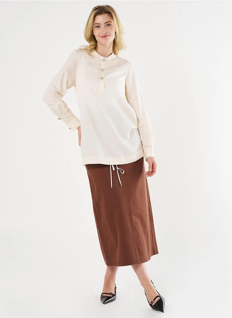Kayra Shiny Button College Collar Tunic Ecru