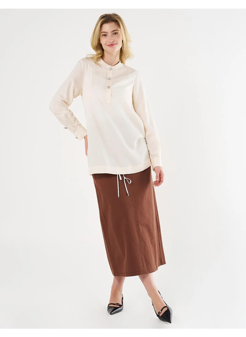 Kayra Shiny Button College Collar Tunic Ecru