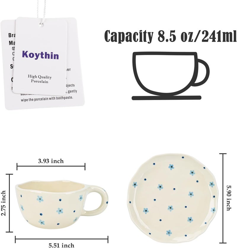 Koythin كوب قهوة سيراميك كويثين مع صحن مزخرف بأزهار يدوية كوب لطيف للفتيات والنساء كوب شاي وحليب جمالي مع مقبض 85 أونصة 250 مل للاتيه والكاكاو للمكتب والمنزل مزخرف بأزهار زرقاء - Image 2