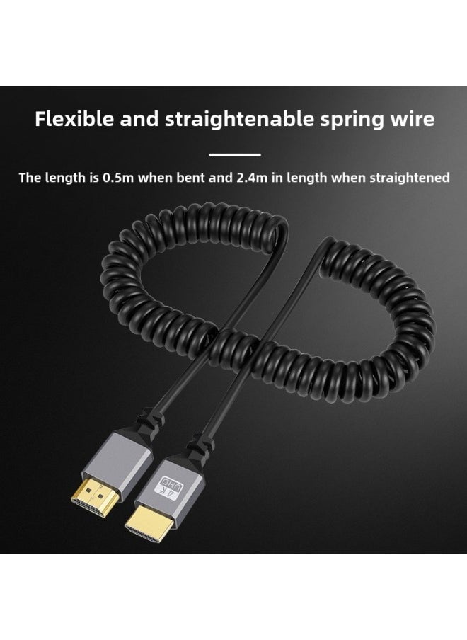 HDMI HD Cable 2.0 Version 4K @ 60Hz Spring Cable Stretch Curl Male To Male Left And Right Elbow Camera SLR Cable-Color:A- C Spring Wire-Line Length:Reverse Bend 2.4m