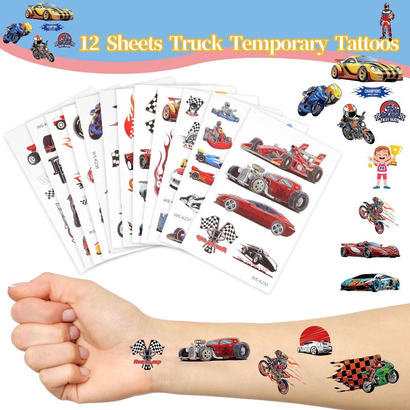 CCINEE 12 Sheets Monster Truck Temporary Tattoos for Kids 93 Pcs Luminous Groovy Racing Car Trophy Wheel Checkered Flag Tattoo Stickers for Birthday Party Supplies Classroom Rewards - Image 2