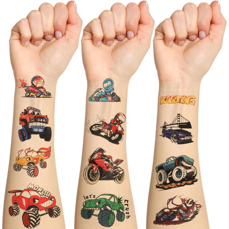 CCINEE 12 Sheets Monster Truck Temporary Tattoos for Kids 93 Pcs Luminous Groovy Racing Car Trophy Wheel Checkered Flag Tattoo Stickers for Birthday Party Supplies Classroom Rewards - Image 1