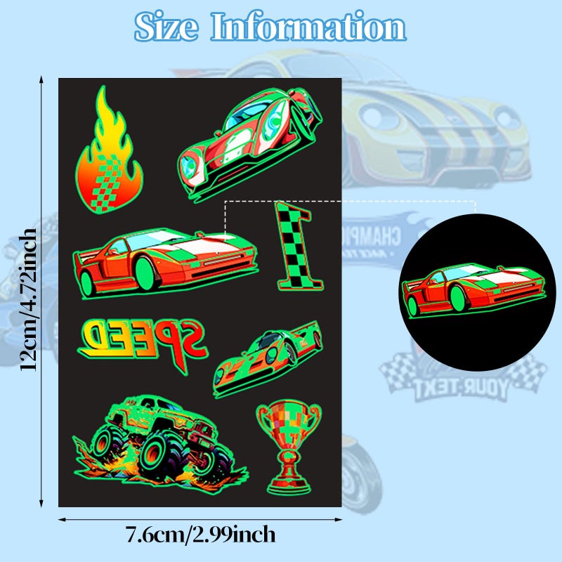 CCINEE 12 Sheets Monster Truck Temporary Tattoos for Kids 93 Pcs Luminous Groovy Racing Car Trophy Wheel Checkered Flag Tattoo Stickers for Birthday Party Supplies Classroom Rewards - Image 3