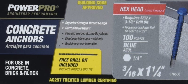 Power Pro Blue Hex WasherHead Concrete Screw Anchors 316 x 114 100 pc