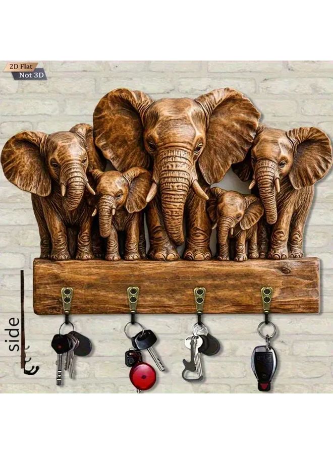 حامل مفاتيح جدارية خشبية لعائلة الفيل مع 4 خطافات معدنية بتشطيب مصقول لديكور المنزل - Image 2