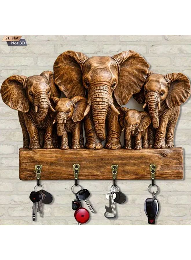 حامل مفاتيح جدارية خشبية لعائلة الفيل مع 4 خطافات معدنية بتشطيب مصقول لديكور المنزل - Image 1