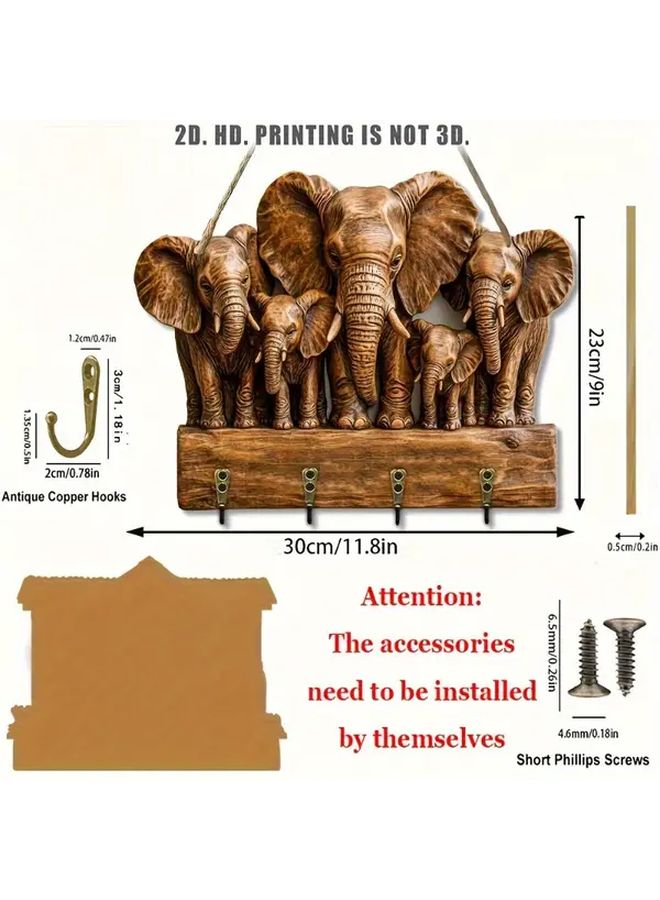 حامل مفاتيح جدارية خشبية لعائلة الفيل مع 4 خطافات معدنية بتشطيب مصقول لديكور المنزل - Image 3