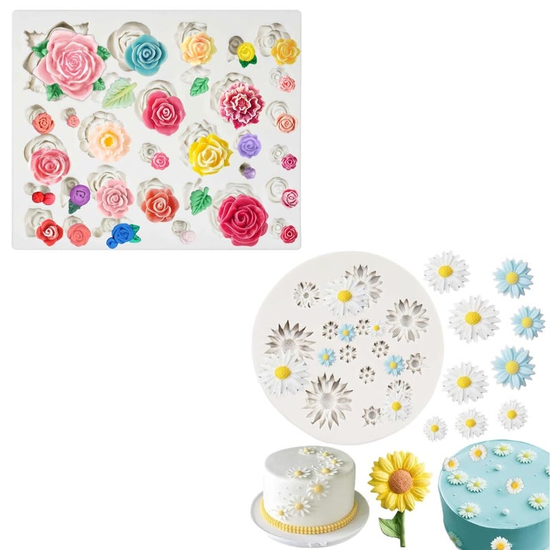 Skytail 2pcs Flower Leaves Silicone Molds Rose Daisy Sunflower Candle Molds for Candle Making Wax Melts Aromatherapy Home Decor Flower Candles Chocolate Mini Candy Baking Cake Decoration Resin Polymer Clay Molds