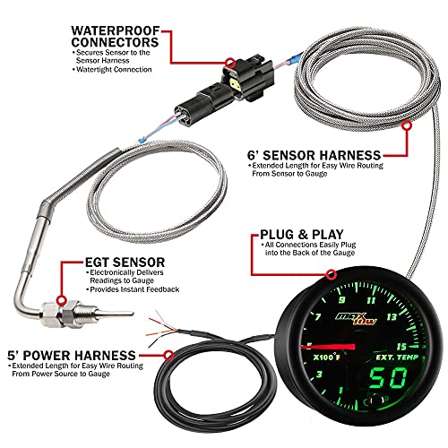 MaxTow Double Vision 1500F Pyrometer Exhaust Temp Gauge Kit - Includes 1/8-27 NPT Type K EGT Probe & Wiring - Black Dial - Green LED Lighting - Analog & Digital Readouts - for Diesel Trucks - 2-1/16" - Image 3