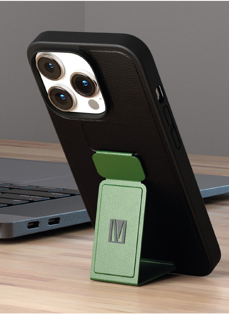 LEVELO - iPhone 14 Pro Case Morphix Grip stand PU Leather Back Cover / Lifted Ring Case / Easy Snap-On / Drop & Bumper Protection - Black and Pacific Green - Image 1