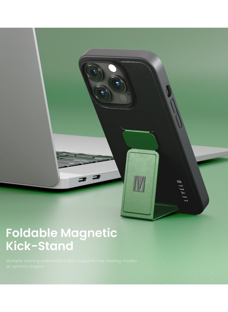 LEVELO - iPhone 14 Pro Case Morphix Grip stand PU Leather Back Cover / Lifted Ring Case / Easy Snap-On / Drop & Bumper Protection - Black and Pacific Green - Image 1