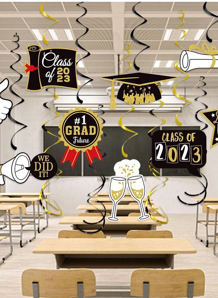 NIBEMINENT 15 Pieces Graduation Party Decorations Congrats Grad Hanging Swirl Supplies Graduation Stars Hat Diplomas Foil Ceiling Streamers for 2023 Graduation Party -Black Gold Silver - Image 3
