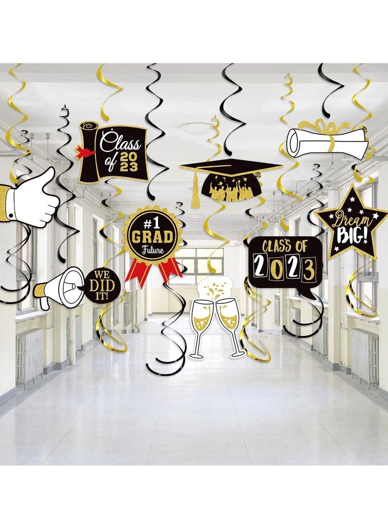 NIBEMINENT 15 Pieces Graduation Party Decorations Congrats Grad Hanging Swirl Supplies Graduation Stars Hat Diplomas Foil Ceiling Streamers for 2023 Graduation Party -Black Gold Silver - Image 1