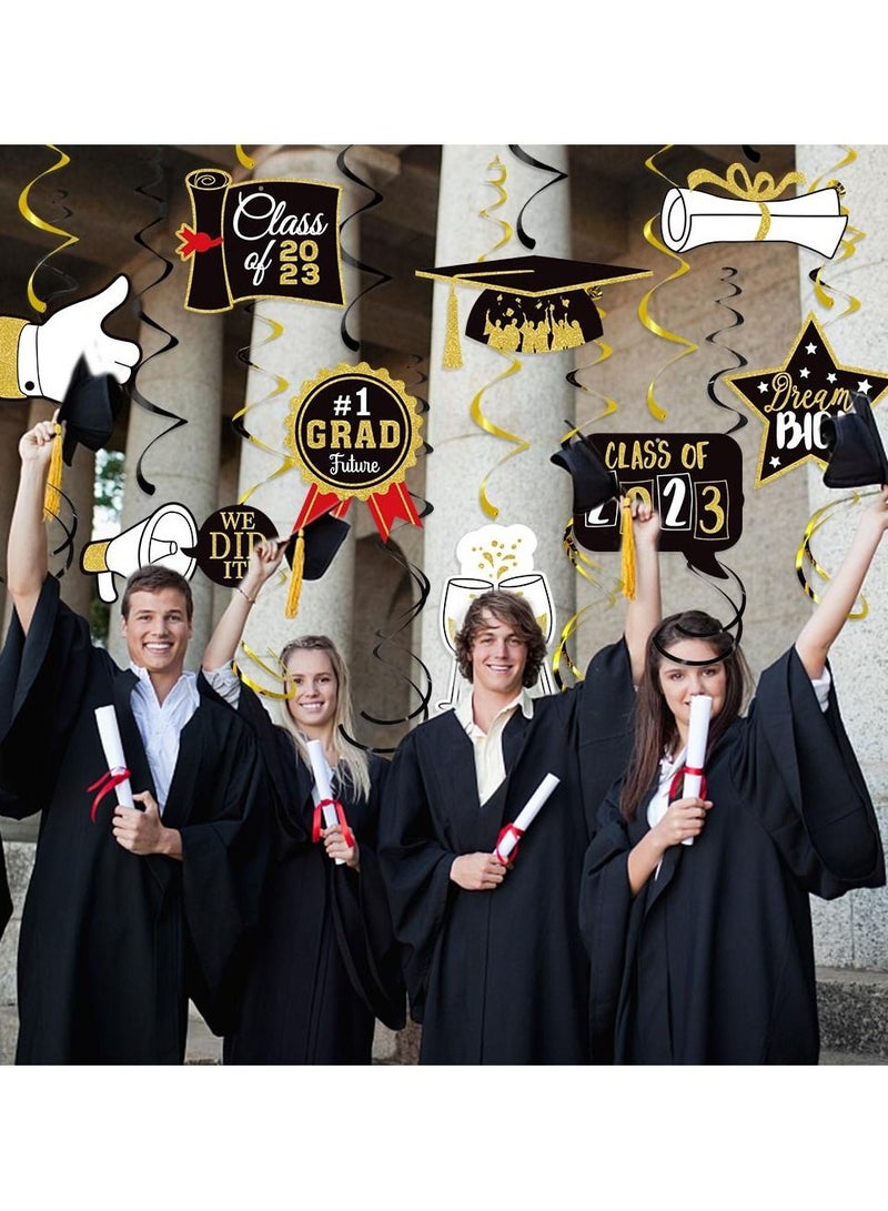 NIBEMINENT 15 Pieces Graduation Party Decorations Congrats Grad Hanging Swirl Supplies Graduation Stars Hat Diplomas Foil Ceiling Streamers for 2023 Graduation Party -Black Gold Silver - Image 2