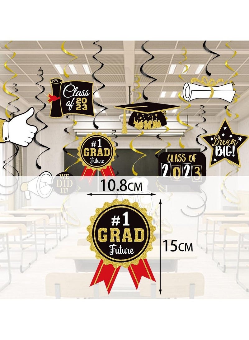 NIBEMINENT 15 Pieces Graduation Party Decorations Congrats Grad Hanging Swirl Supplies Graduation Stars Hat Diplomas Foil Ceiling Streamers for 2023 Graduation Party -Black Gold Silver - Image 4