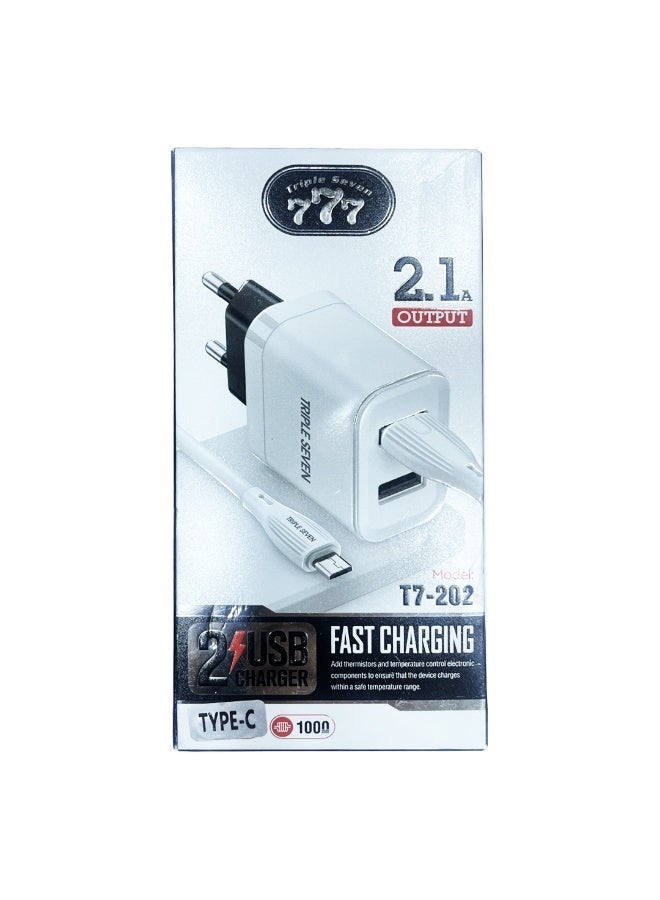 777 شاحن تريبل سفن  T7-202 – شحن سريع 2.1 أمبير – مخرج USB – مدخل Type-C – حماية من الحرارة والتحكم في درجة الحرارة – نظام شحن آمن - Image 2
