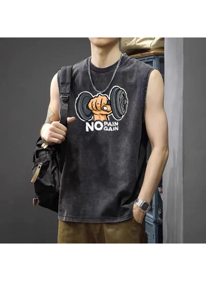 Large Size Street Washed Distressed Sleeveless T-shirt Men's Summer Loose Large Size Vest Hip-hop Style Printed Camisole Trendy