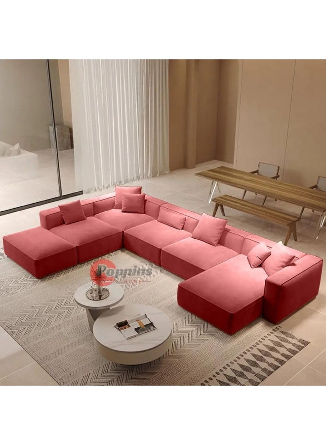 Zayn comforts Luxurious Nordic U-Shape Majlis 7-Seater Sofa Set Premium Velvet Fabric Spacious Corner Sectional Design (Peach, LEFT BED) - Image 1
