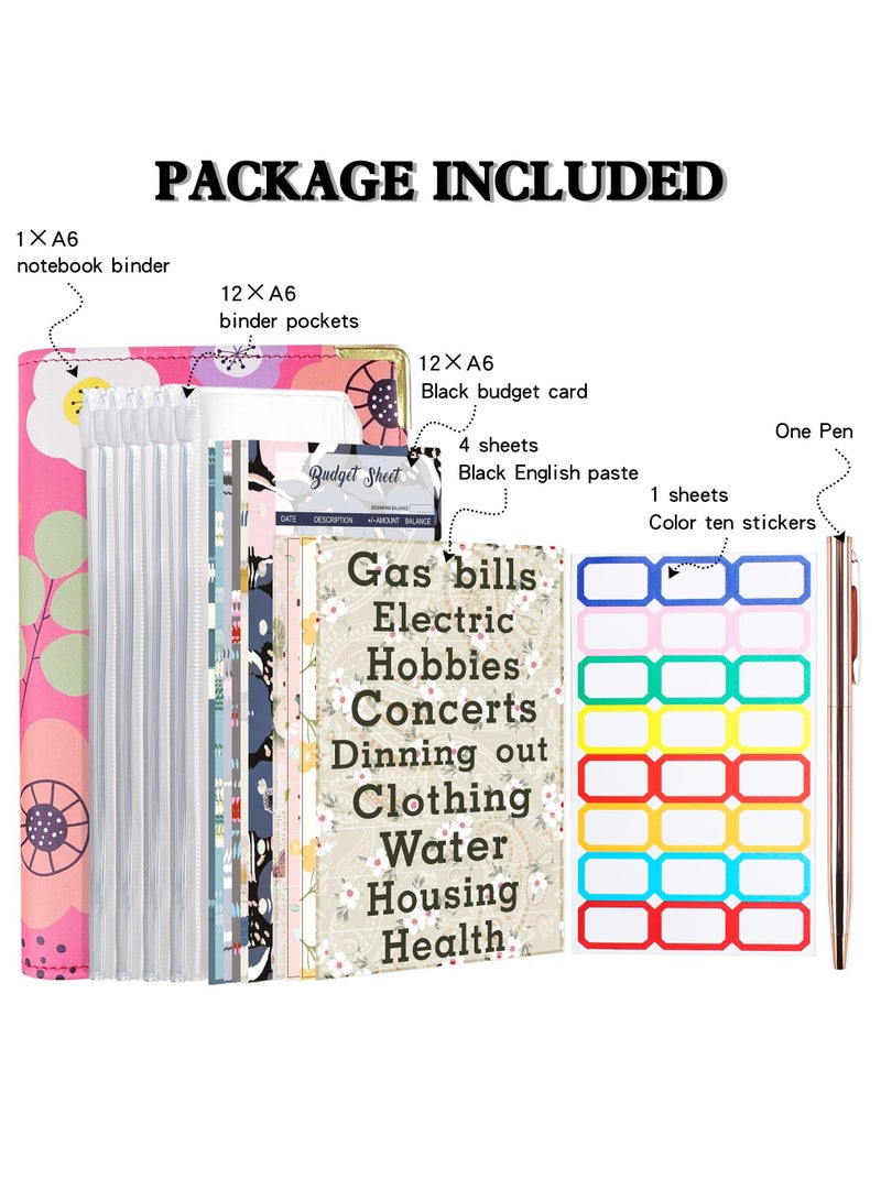 Excefore A6 PU Leather Budget Binder with 52-Week Savings Challenge Savings Challenges Book and Cash Envelopes, Includes Cash Envelopes and Trackers, Pink Flower - Image 2